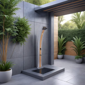 Aluminum Solar Shower With Foot Wash Sined Shower Ella Grey Wood