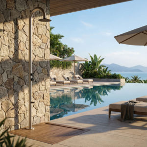 Black and Inox Stainless Steel Outdoor Pool Shower with Mixer and Footwash