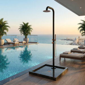 Black and Rose Gold Outdoor Shower with 25cm Stainless Steel Head and Mixer