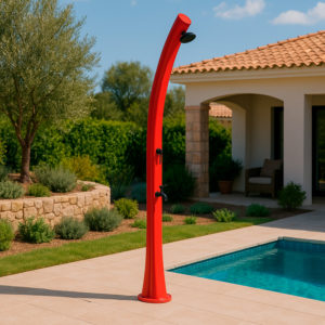 Red Heated Solar Shower with Curved Polyethylene Structure for Outdoor Use