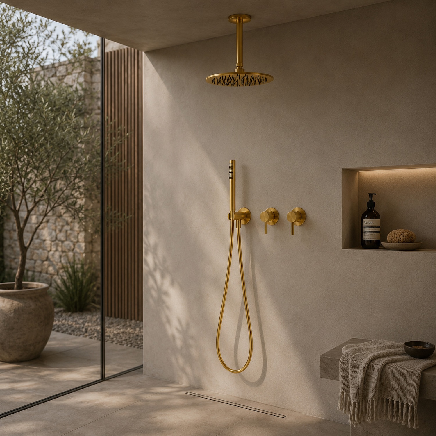 Gold Stainless Steel 316L Ceiling Shower Kit with 30 cm Arm Anti-Limescale