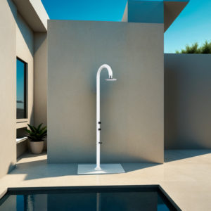 White aluminum shower with LED hotcold water and foot rinse