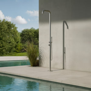 Outdoor Satin Stainless Steel Shower with Hot-Cold Mixer Diverter Flexible Hose Anti-Calc Nozzles
