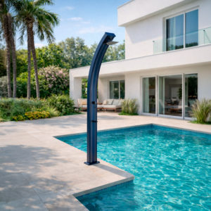 Curved Solar Pool Shower Grey RAL 9023 Aluminium 30L Tank Mixer 2254cm